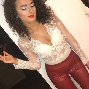 Lace Mesh Sheer White Bodysuit